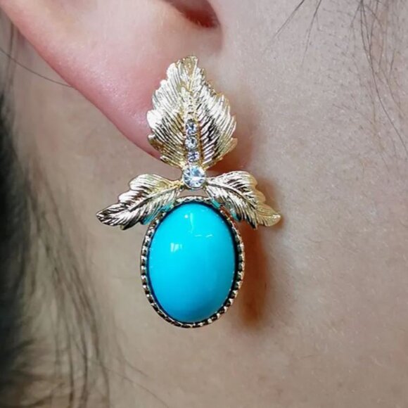NEW Charisse 18K Gold Plated Turquoise Rococo Statement Earrings - Picture 2 of 4